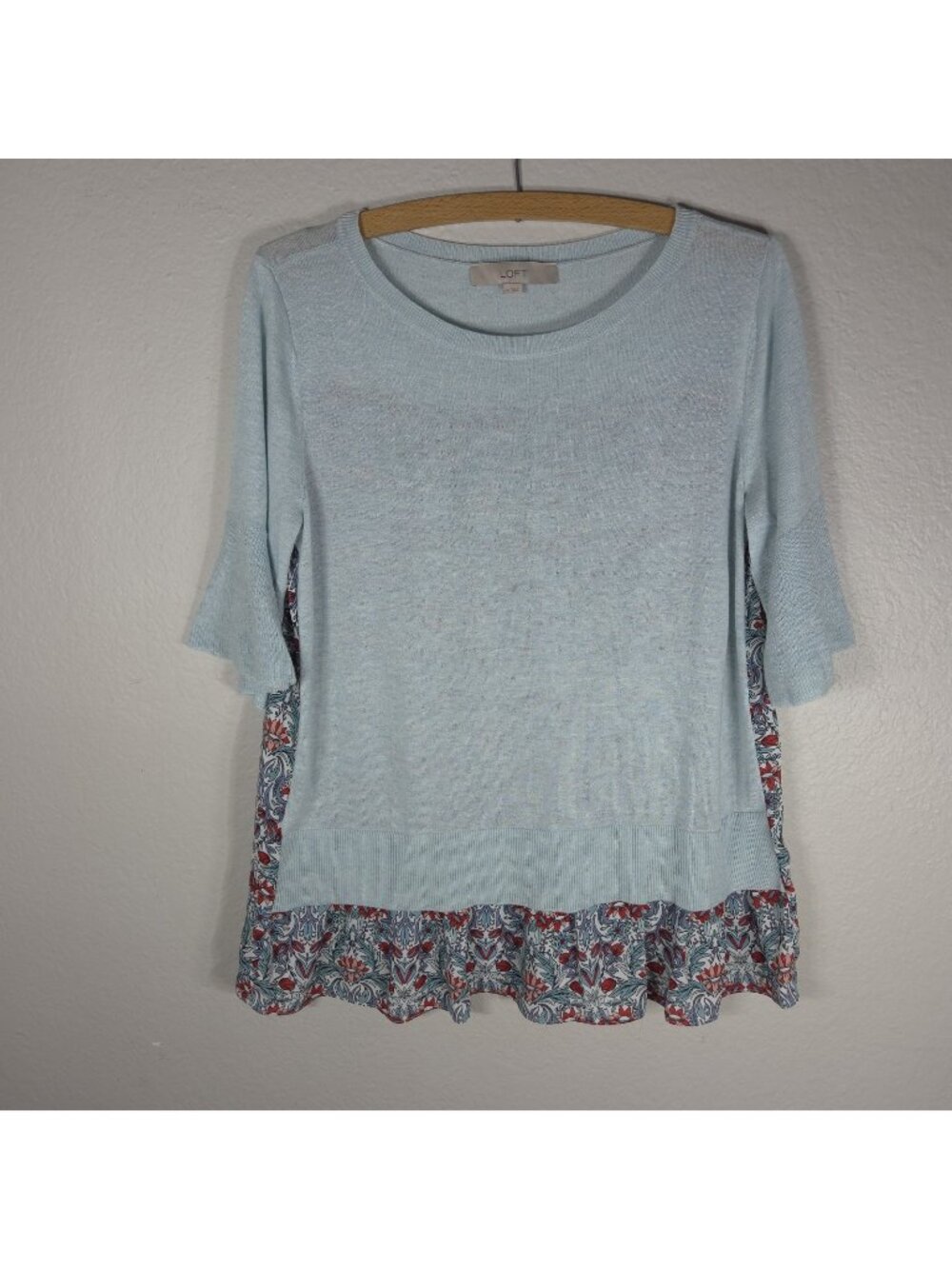 LOFT Light Blue Tunic Sweater Bell Short Sleeve Size M Wool Blend Pasley